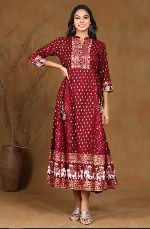 Women's Wine Rayon Printed Anarkali Dress