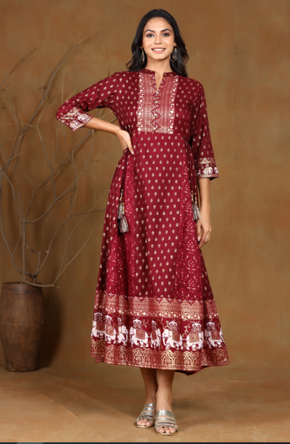 Women's Wine Rayon Printed Anarkali Dress