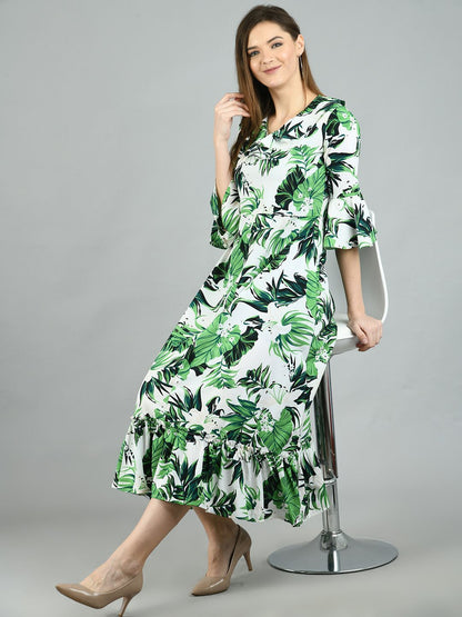 Women's Green Polyester Printed Half Sleeve V Neck Casual Dress