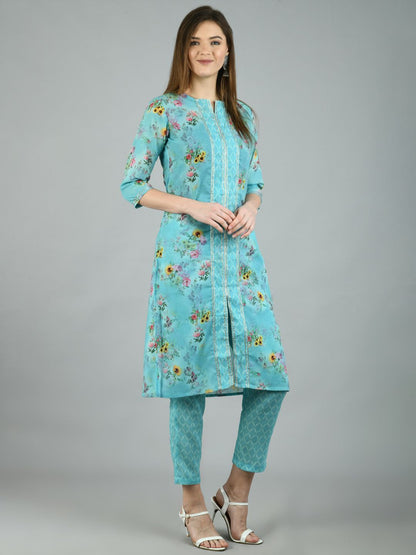 Women's Blue Poly Cotton Printed 3/4 Sleeve Round Neck Casual Kurta Pant Set