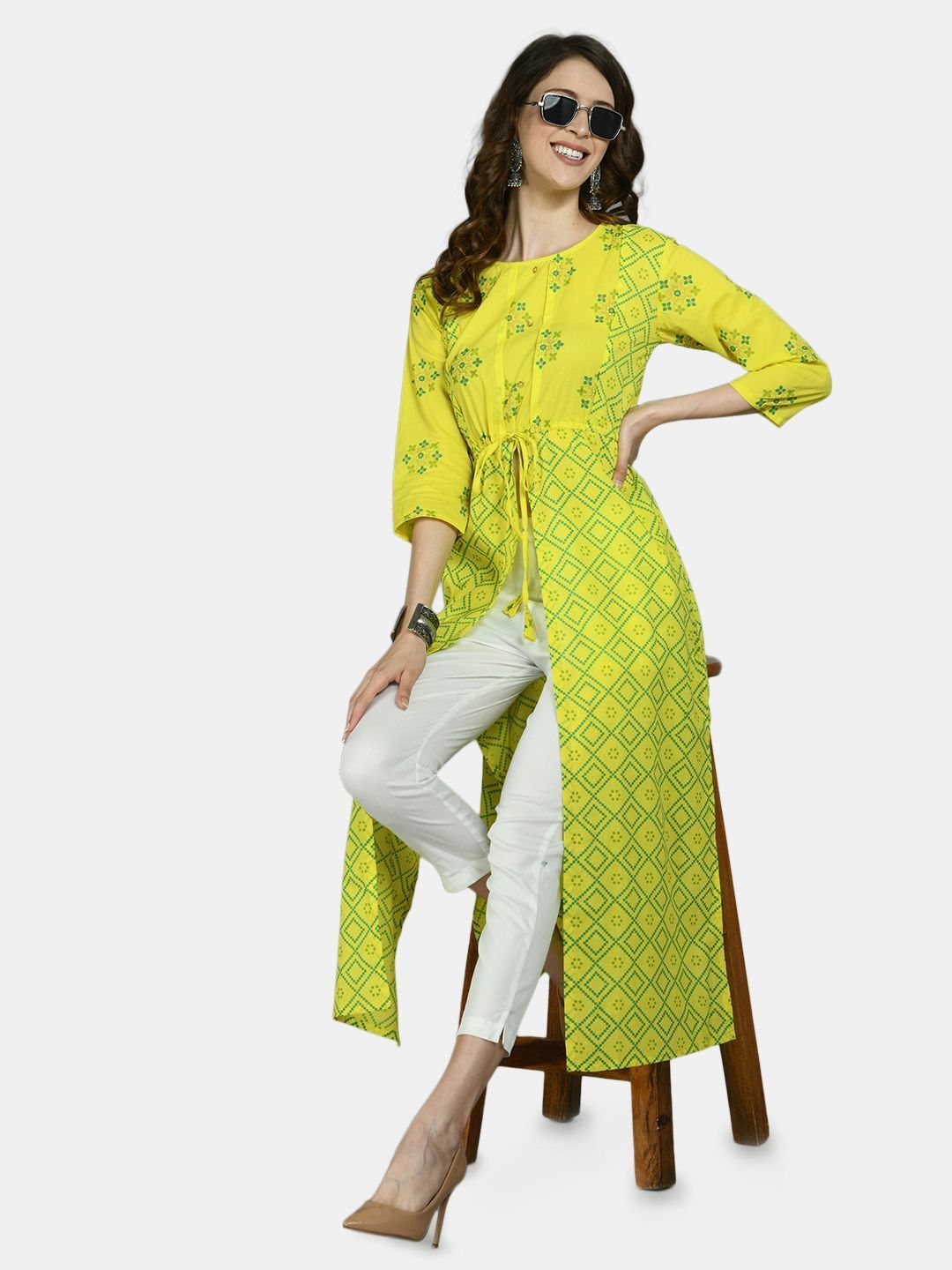 Women's Yellow Cotton Printed 3/4 Sleeve Round Neck Casual Kurta Pant Set