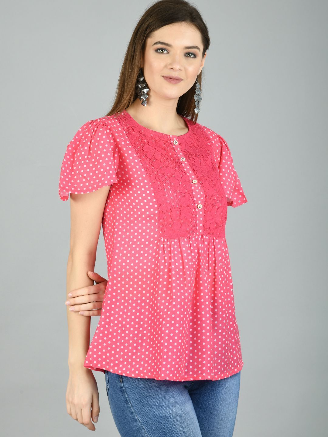 Women's Pink Polyester Printed Half Sleeve Round Neck Casual Top