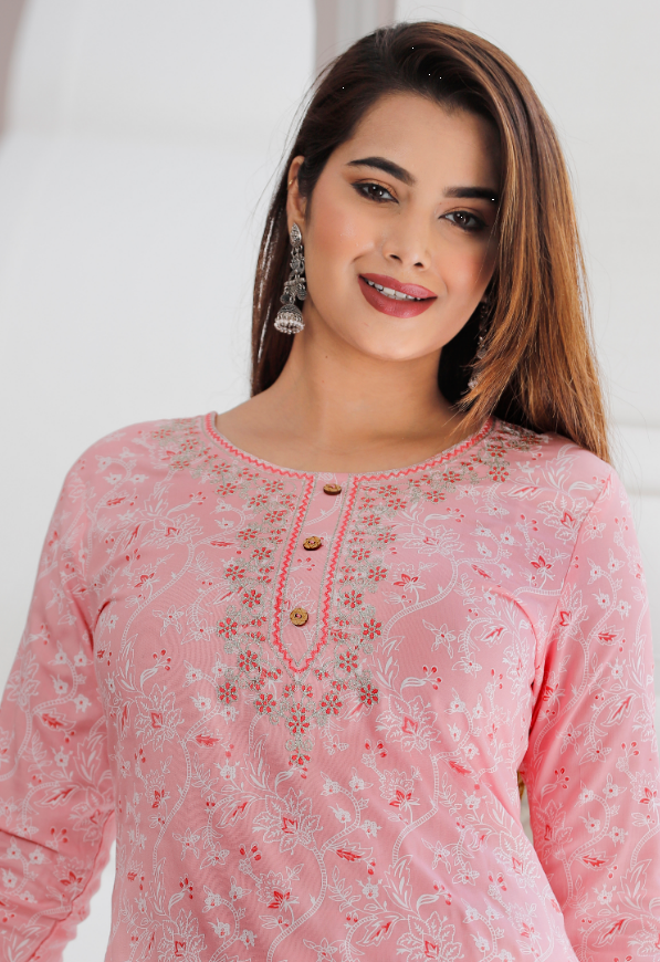 Women's Baby Pink Kurta With Pant & Dupatta