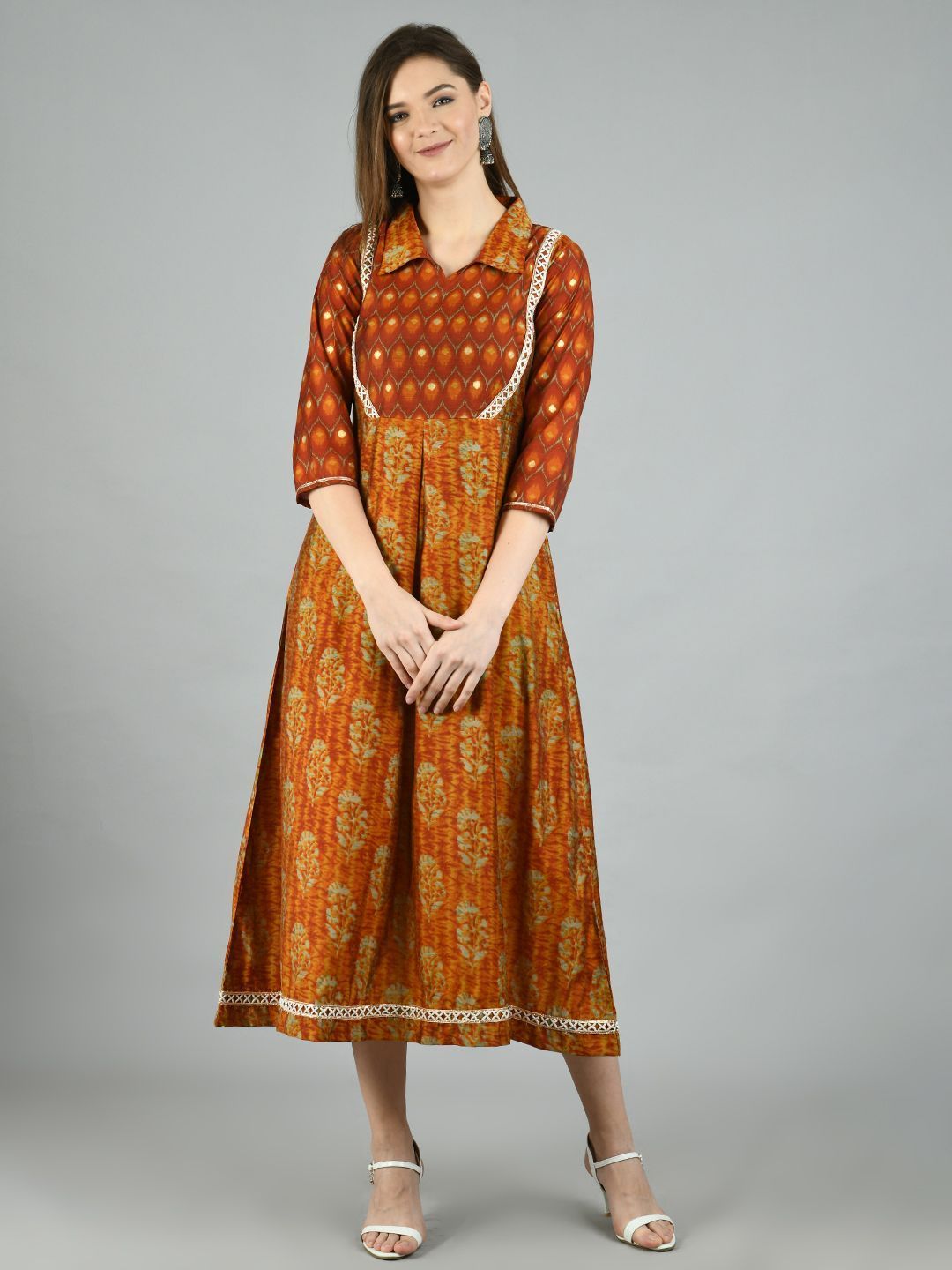 Women's Brown Silk Printed 3/4 Sleeve Shirt Coller Casual Dress