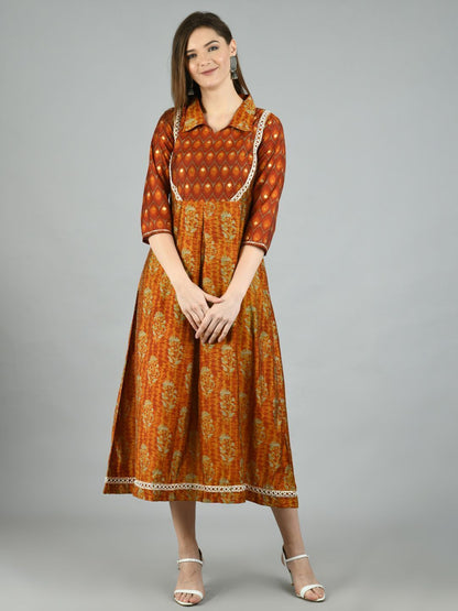 Women's Brown Silk Printed 3/4 Sleeve Shirt Coller Casual Dress