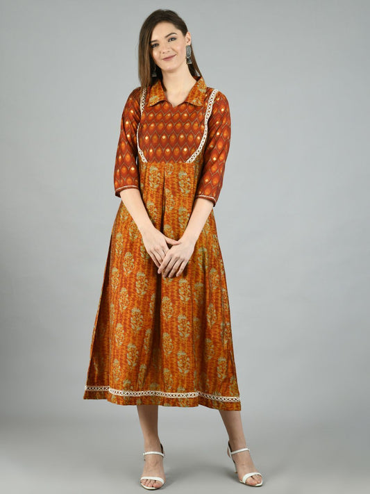 Women's Brown Silk Printed 3/4 Sleeve Shirt Coller Casual Dress