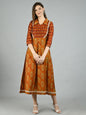 Women's Brown Silk Printed 3/4 Sleeve Shirt Coller Casual Dress