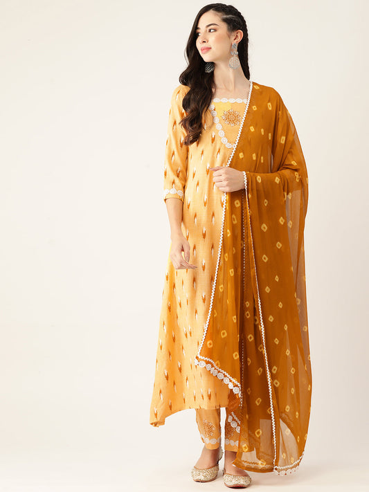 Women's Yellow Color Rayon Blend Printed Kurta Pant With Dupatta