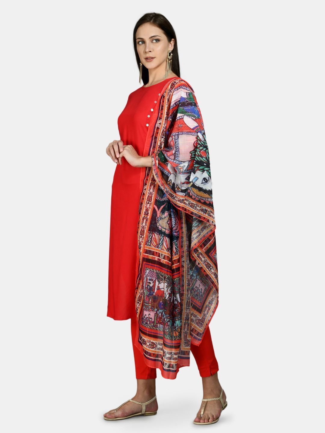 Women's Red Cotton Solid 3/4 Sleeve Round Neck Casual Kurta Pant Dupatta Set