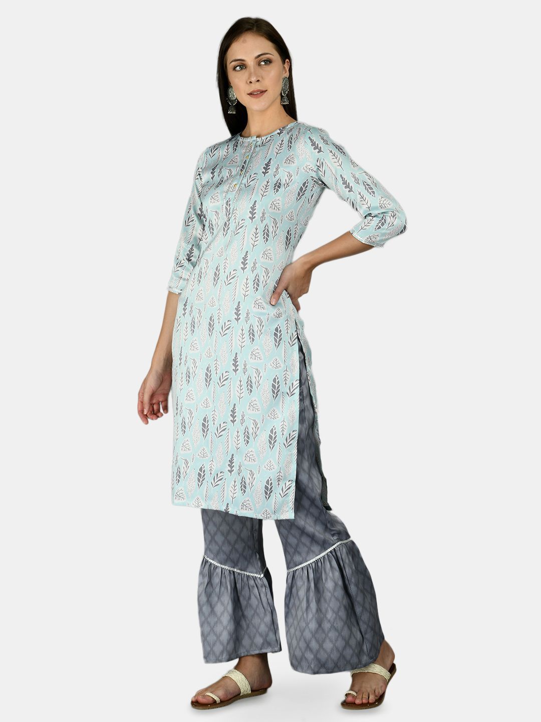 Women's Sky Blue Silk Printed 3/4 Sleeve Round Neck Casual Kurta Palazzo Dupatta Set