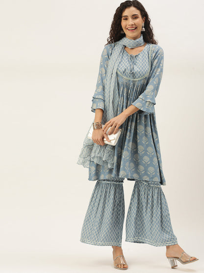Women's Grey Color Muslin Foil Printed Kurta Sharara With Dupatta
