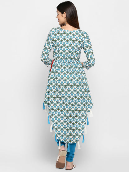 Women's Sky Blue & White Cotton Asymmetric Kurta By Vbuyz- (
