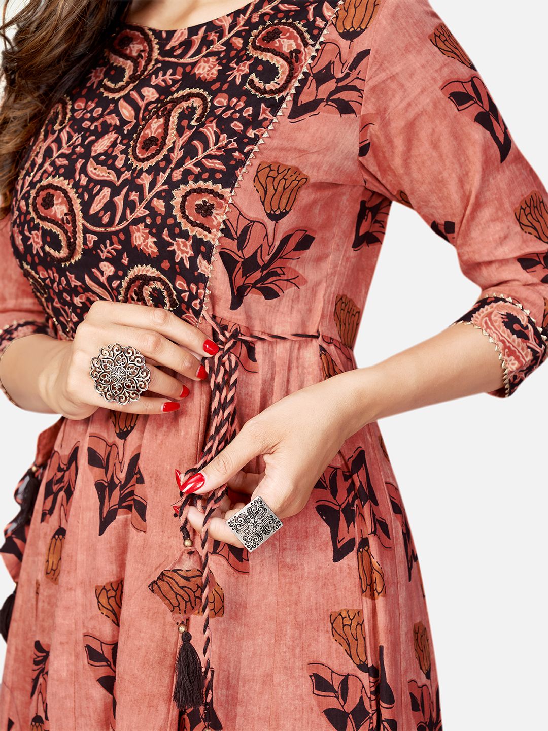 Women's Printed & Hand Work Anarkali Cotton Brown Kurta (1Pc)