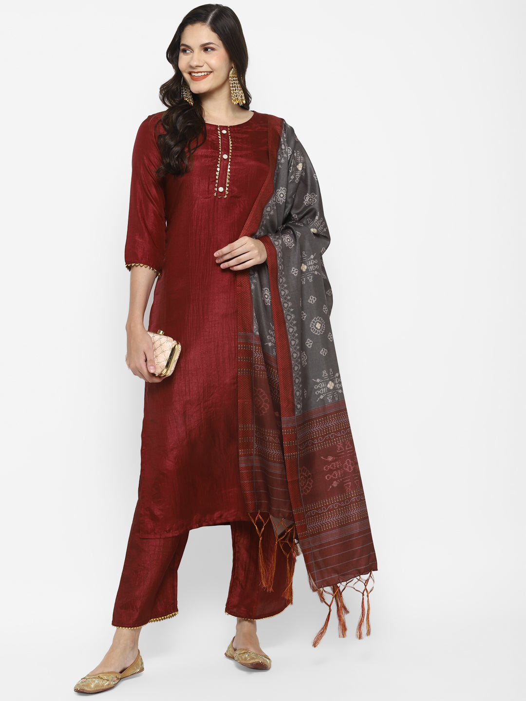 Women's Maroon Color Silk Blend Straight Kurta Palazzo With Dupatta