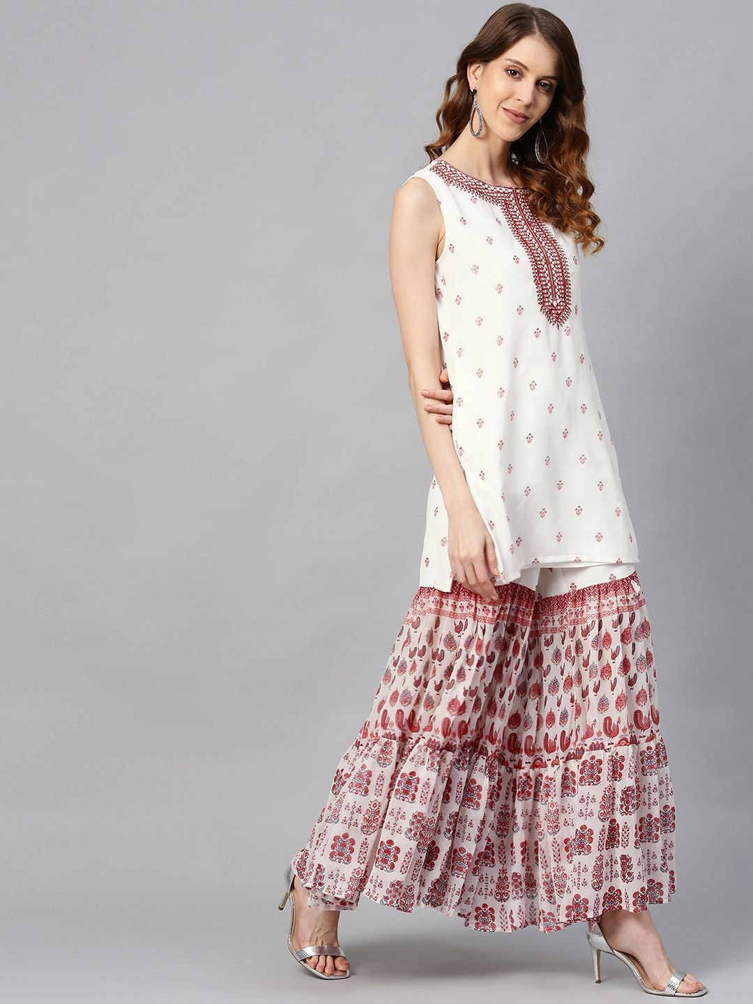 Women's Georgette Printed Straight Kurta Sharara Dupatta Set