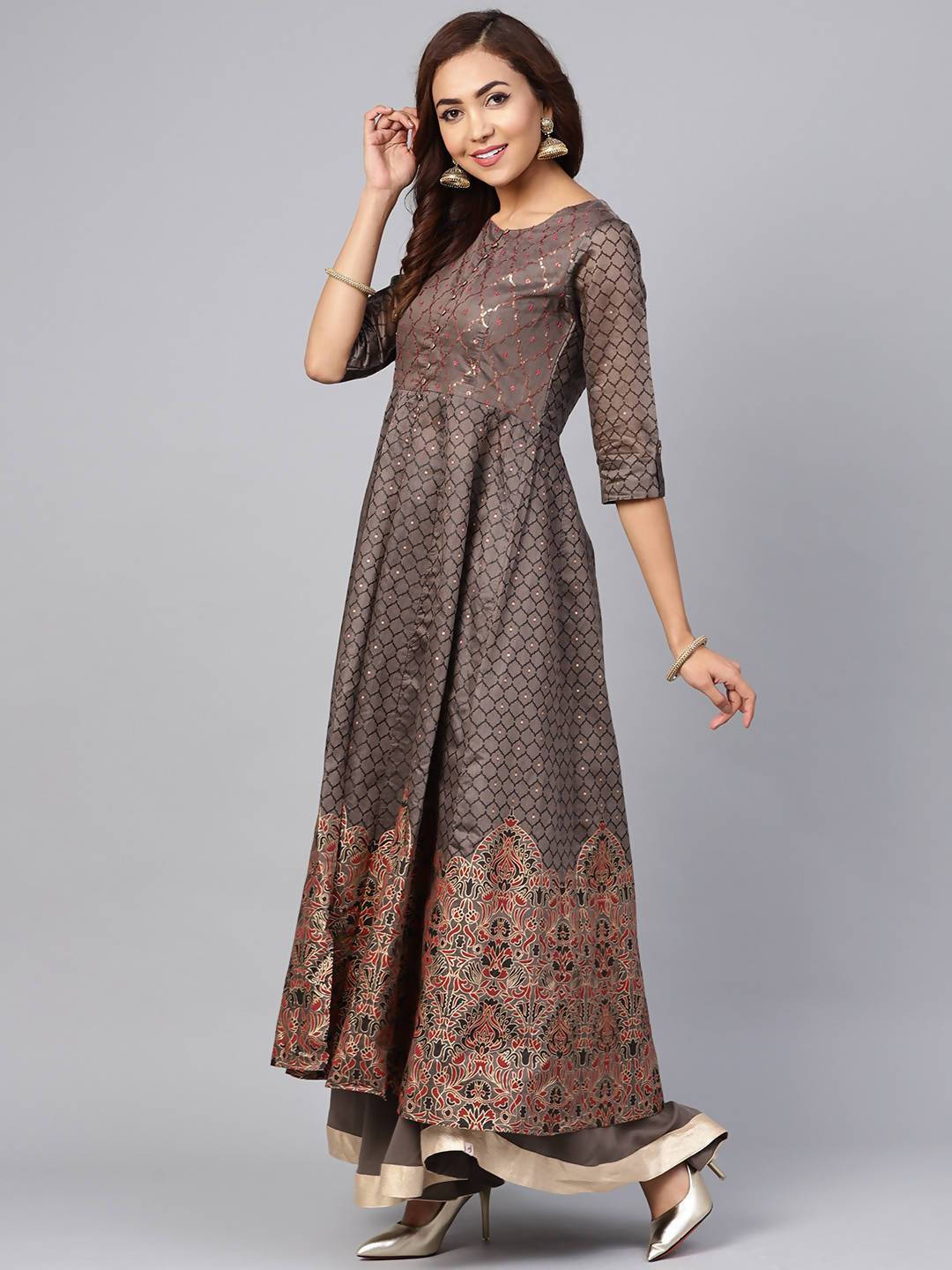 Women's Grey Chanderi Printed Kurta With Solid Skirt