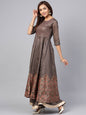 Women's Grey Chanderi Printed Kurta With Solid Skirt