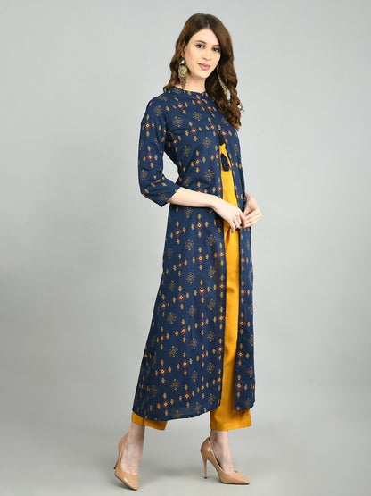 Women Navy Blue Cotton Printed Shrug, Top and Pant Set by Myshka (
