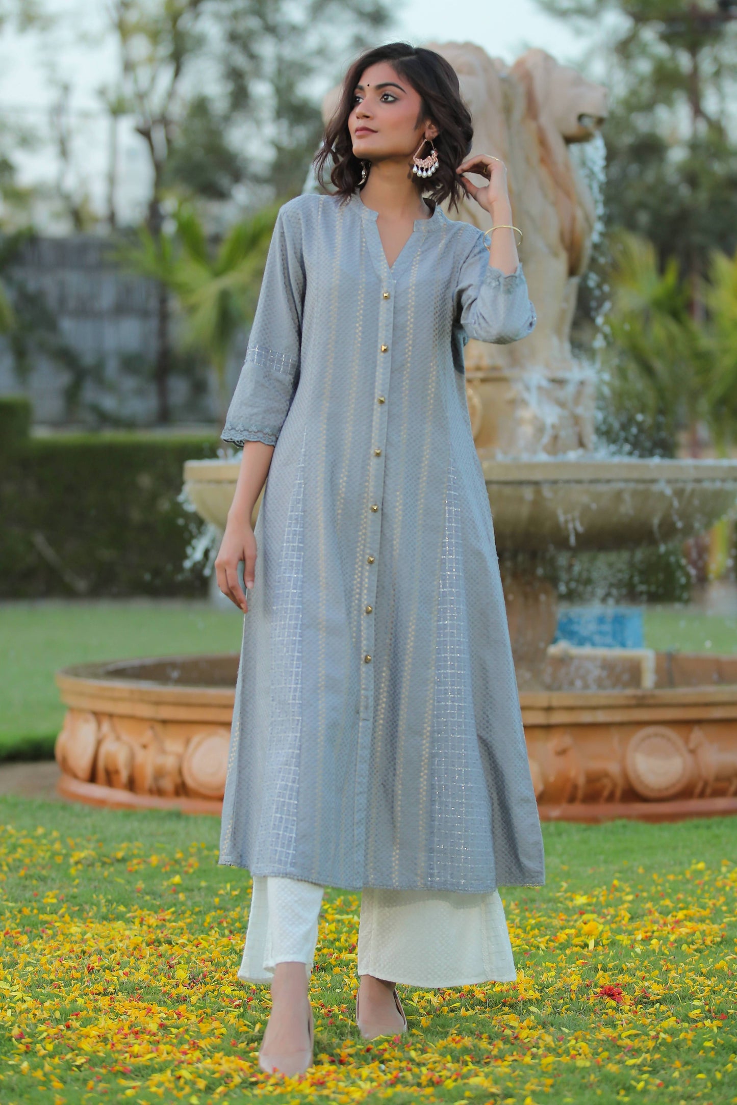 Women's Aqua Cotton Dobby Printed A-Line Kurta With Mask