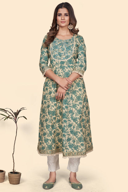Women's Print & Embroidered A-Line Cotton Turquoise Stitched Kurta