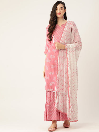 Women's Pink Color Rayon Blend Printed Straight Kurta Sharara With Dupatta