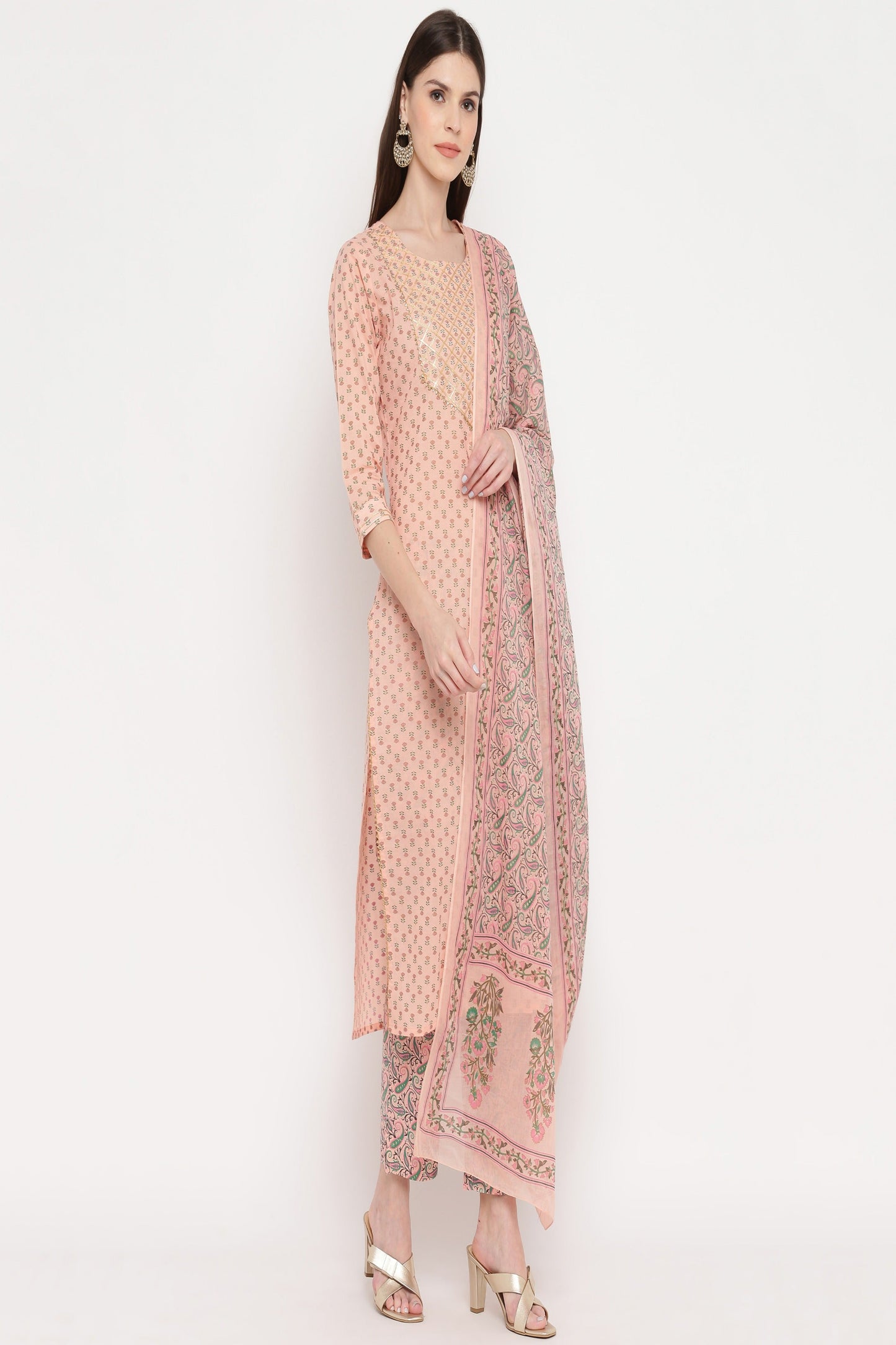 Women's Foil Print & Gota Patti Work Straight Cotton Peach Kurta,Pant & Dupatta