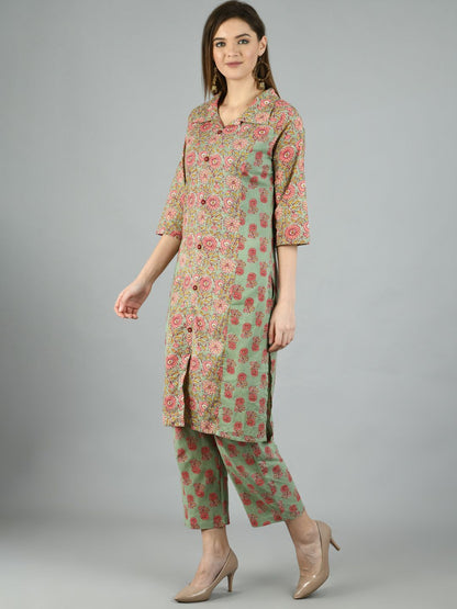 Women's Multi Cotton Printed 3/4 Sleeve Shirt Coller Casual Kurta Pant Set