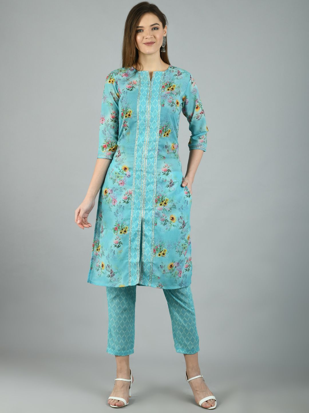 Women's Blue Poly Cotton Printed 3/4 Sleeve Round Neck Casual Kurta Pant Set