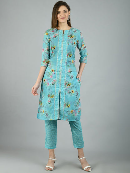 Women's Blue Poly Cotton Printed 3/4 Sleeve Round Neck Casual Kurta Pant Set