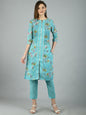 Women's Blue Poly Cotton Printed 3/4 Sleeve Round Neck Casual Kurta Pant Set