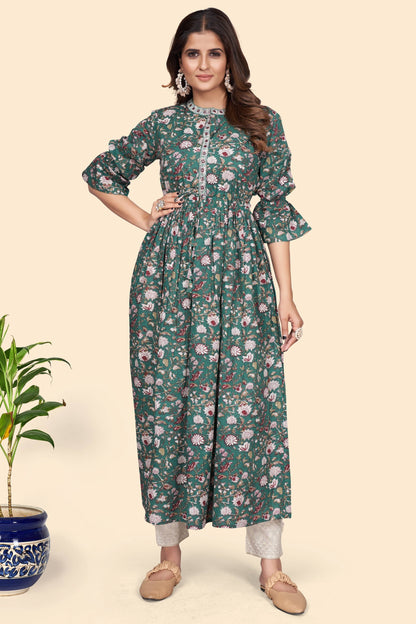 Women's Floral Print A-Line Cotton Aqua Stitched Kurta