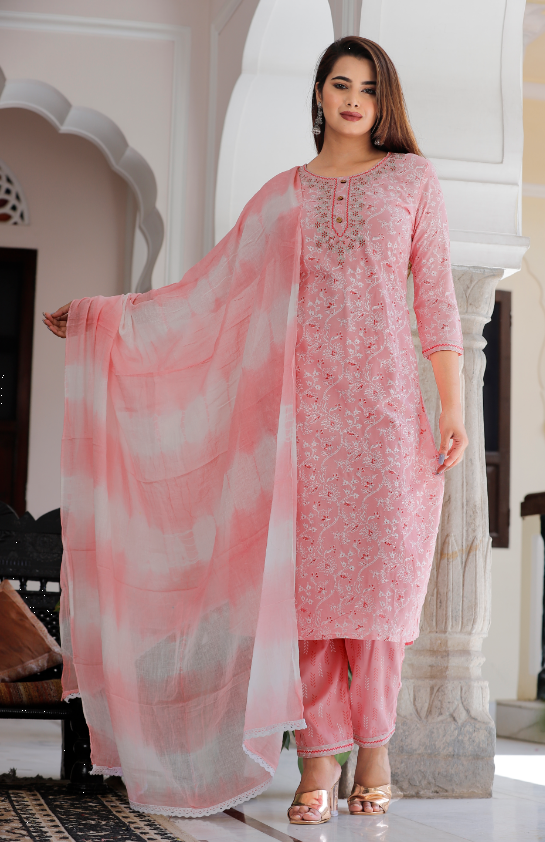 Women's Baby Pink Kurta With Pant & Dupatta