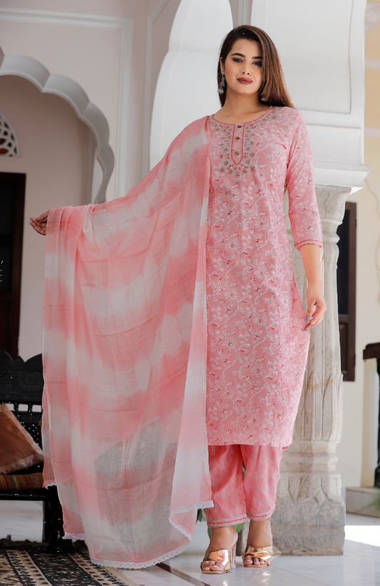 Women's Baby Pink Kurta With Pant & Dupatta
