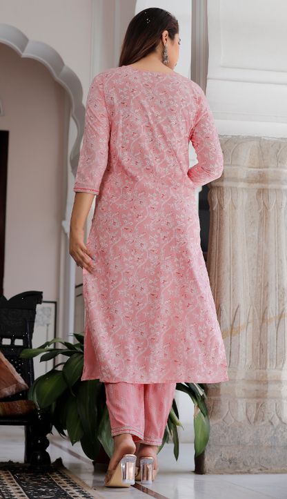 Women's Baby Pink Kurta With Pant & Dupatta