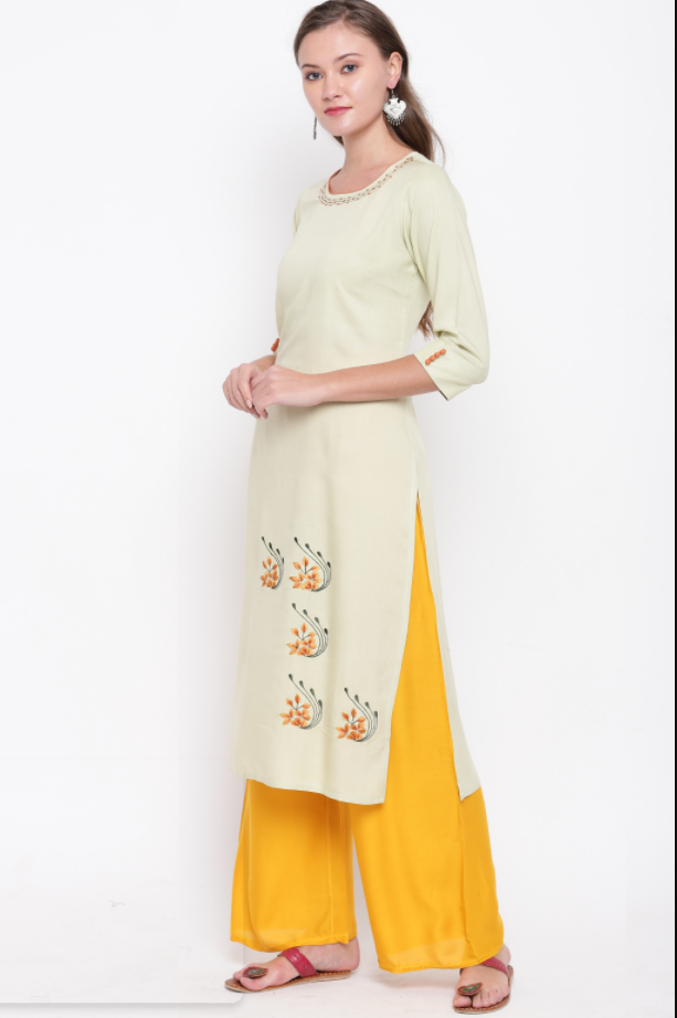 Women's Embroidered/Solid Straight Rayon Light Pista Kurta (1Pc)