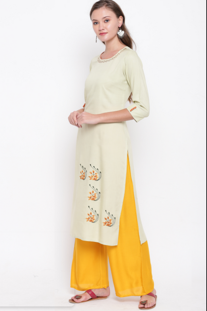 Women's Embroidered/Solid Straight Rayon Light Pista Kurta (1Pc)