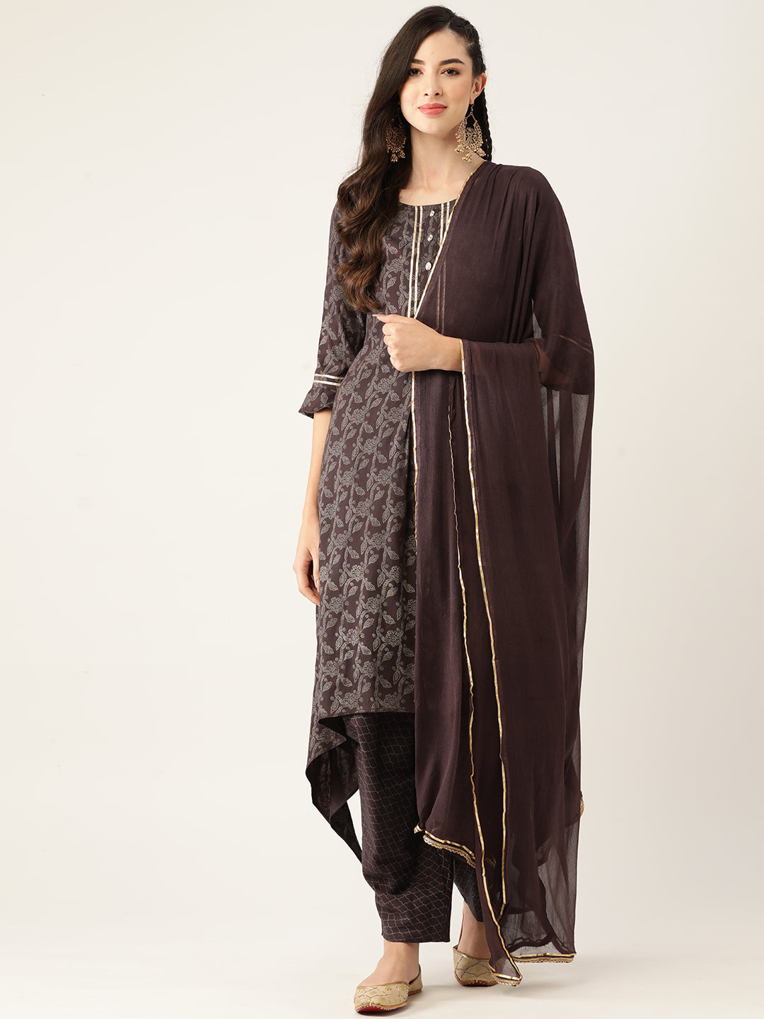 Women's Wine Color Rayon Blend Printed Kurta Dhoti Pant With Dupatta
