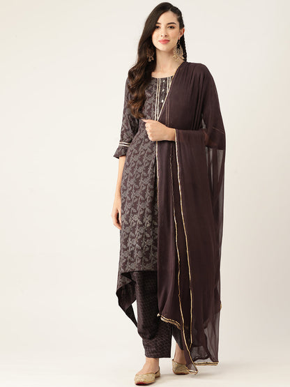 Women's Wine Color Rayon Blend Printed Kurta Dhoti Pant With Dupatta