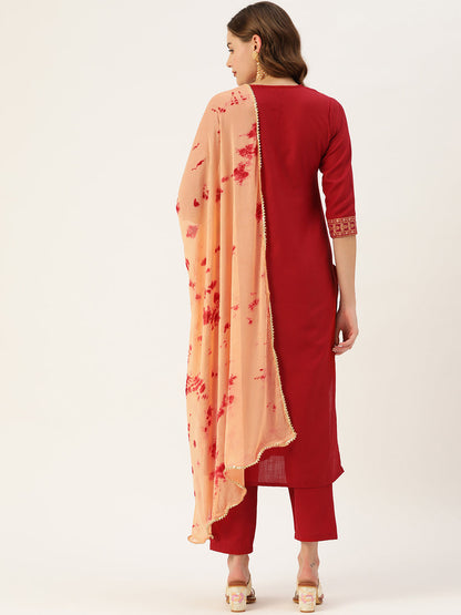 Women's Maroon Cotton Blend Panelled Printed Straight Kurta Trouser Set With Dupatta