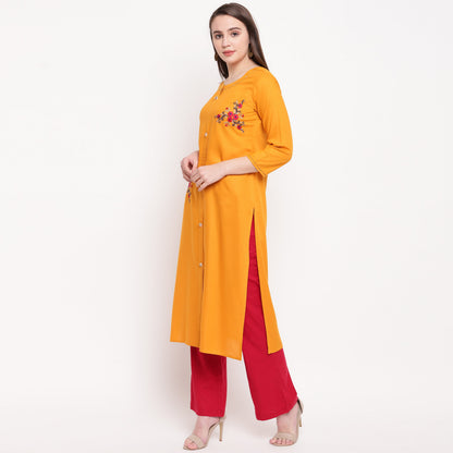 Women's Embroidered/Solid Straight Rayon Yellow Kurta (1Pc)