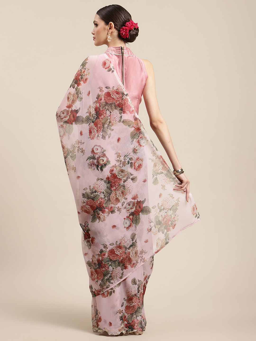 Women's Pink Chiffon Digital Print Floral Saree
