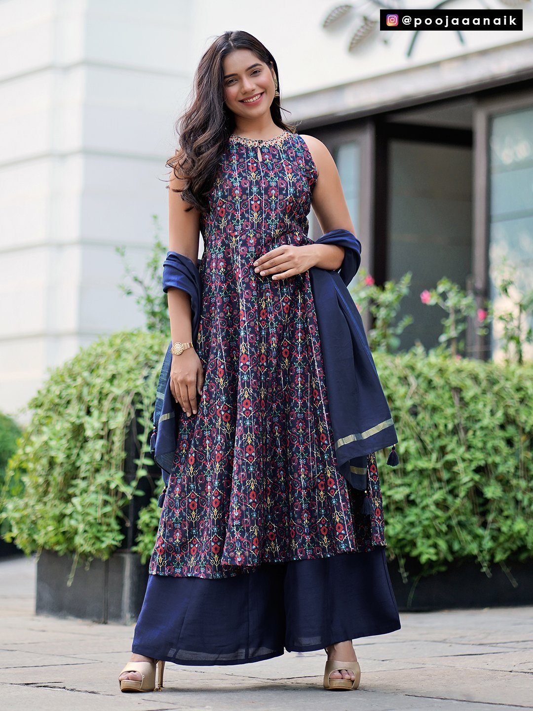 Women's Blue Poly Muslin Kurta With Palazzo And Dupat