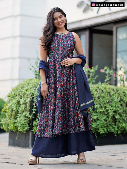 Women's Blue Poly Muslin Kurta With Palazzo And Dupat