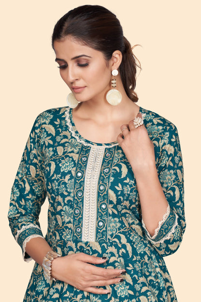 Women's Floral Print A-Line Cotton Teal Stitched Kurta