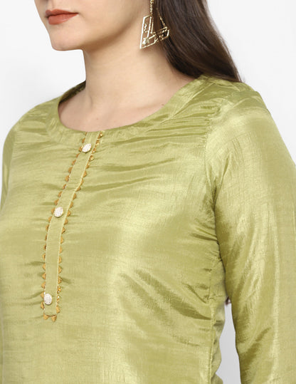 Women's Green Color Silk Blend Straight Kurta Palazzo With Dupatta