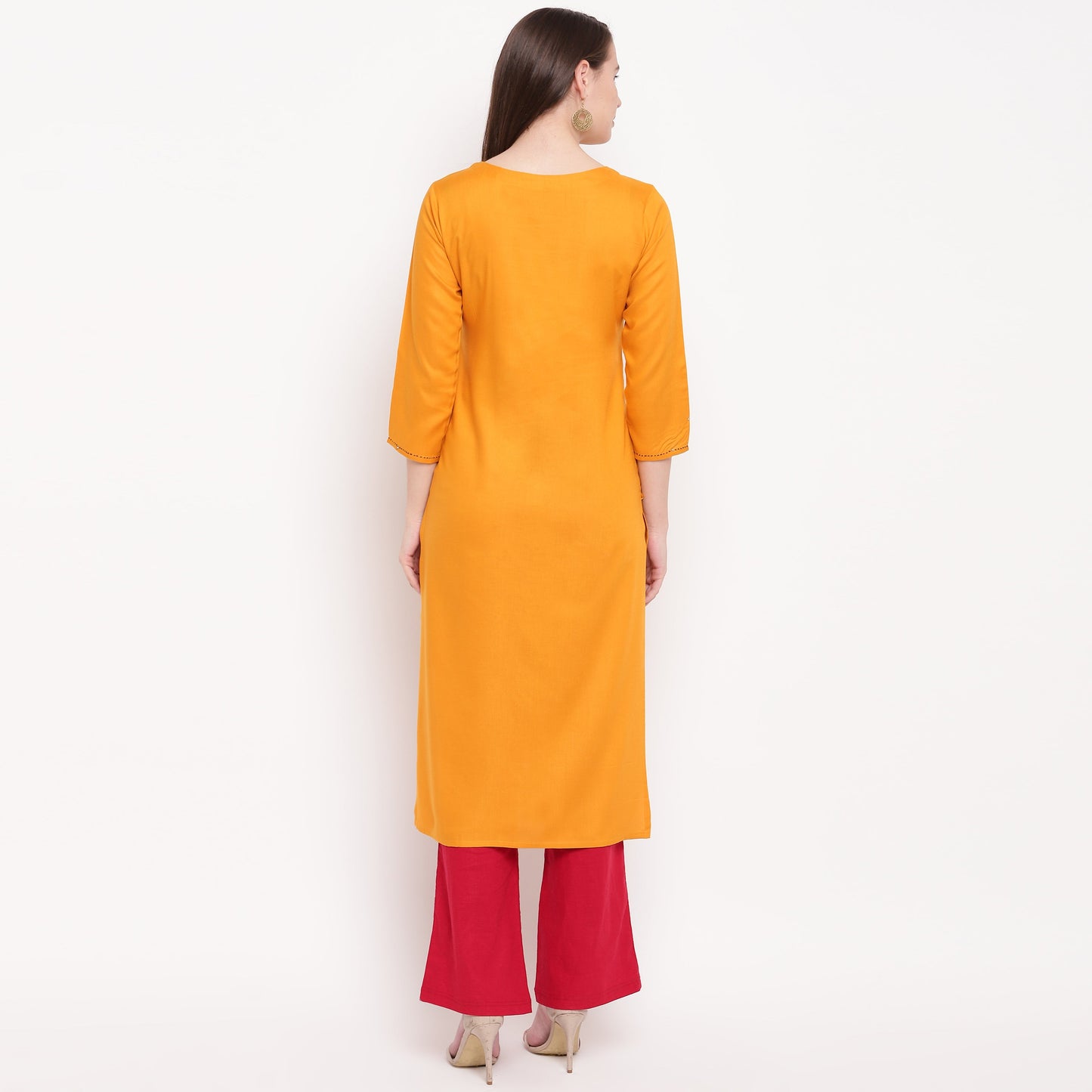 Women's Embroidered/Solid Straight Rayon Yellow Kurta (1Pc)