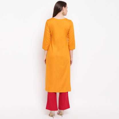 Women's Embroidered/Solid Straight Rayon Yellow Kurta (1Pc)
