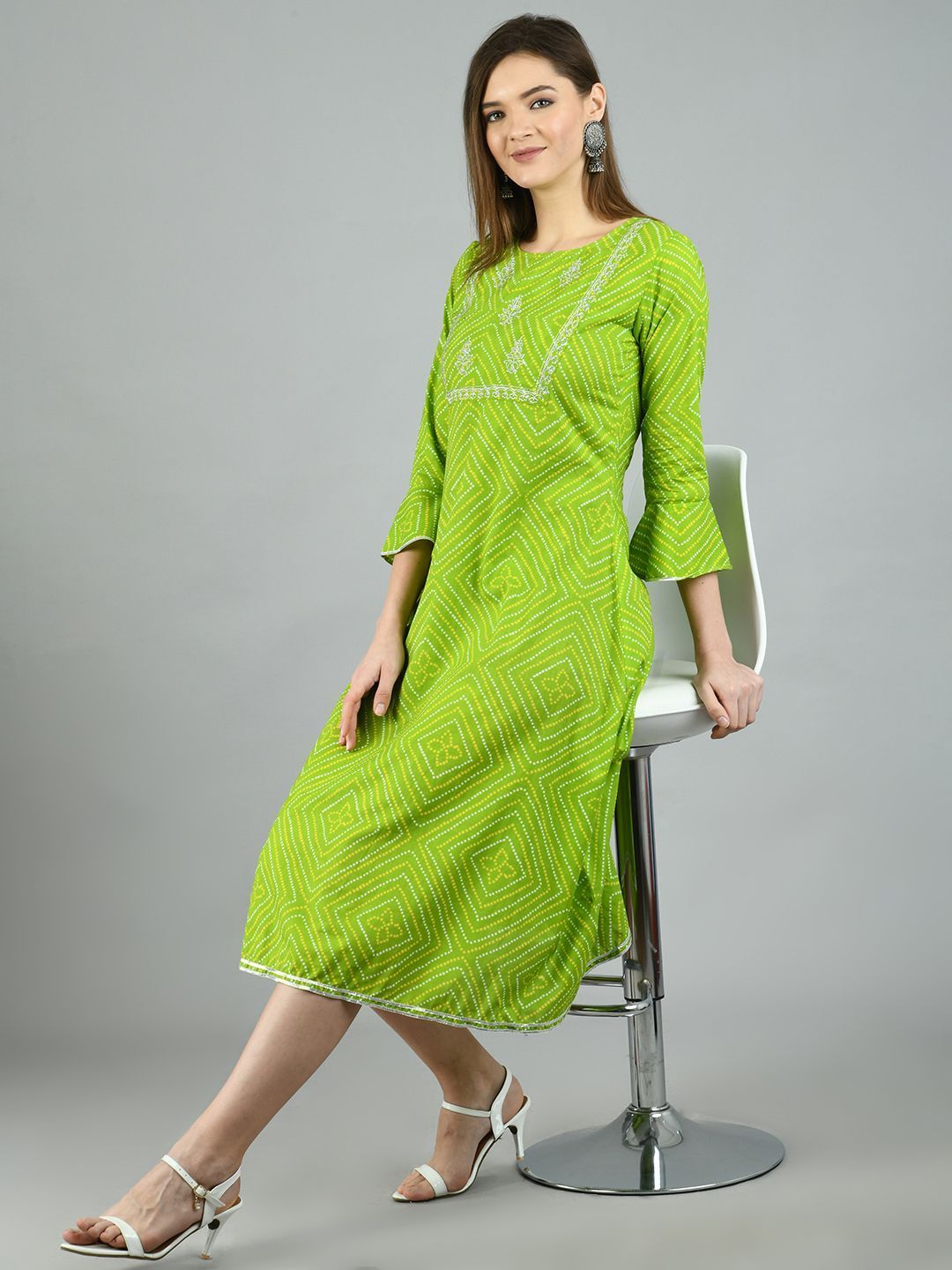 Women's Green Cotton Printed 3/4 Sleeve Round Neck Casual Dress