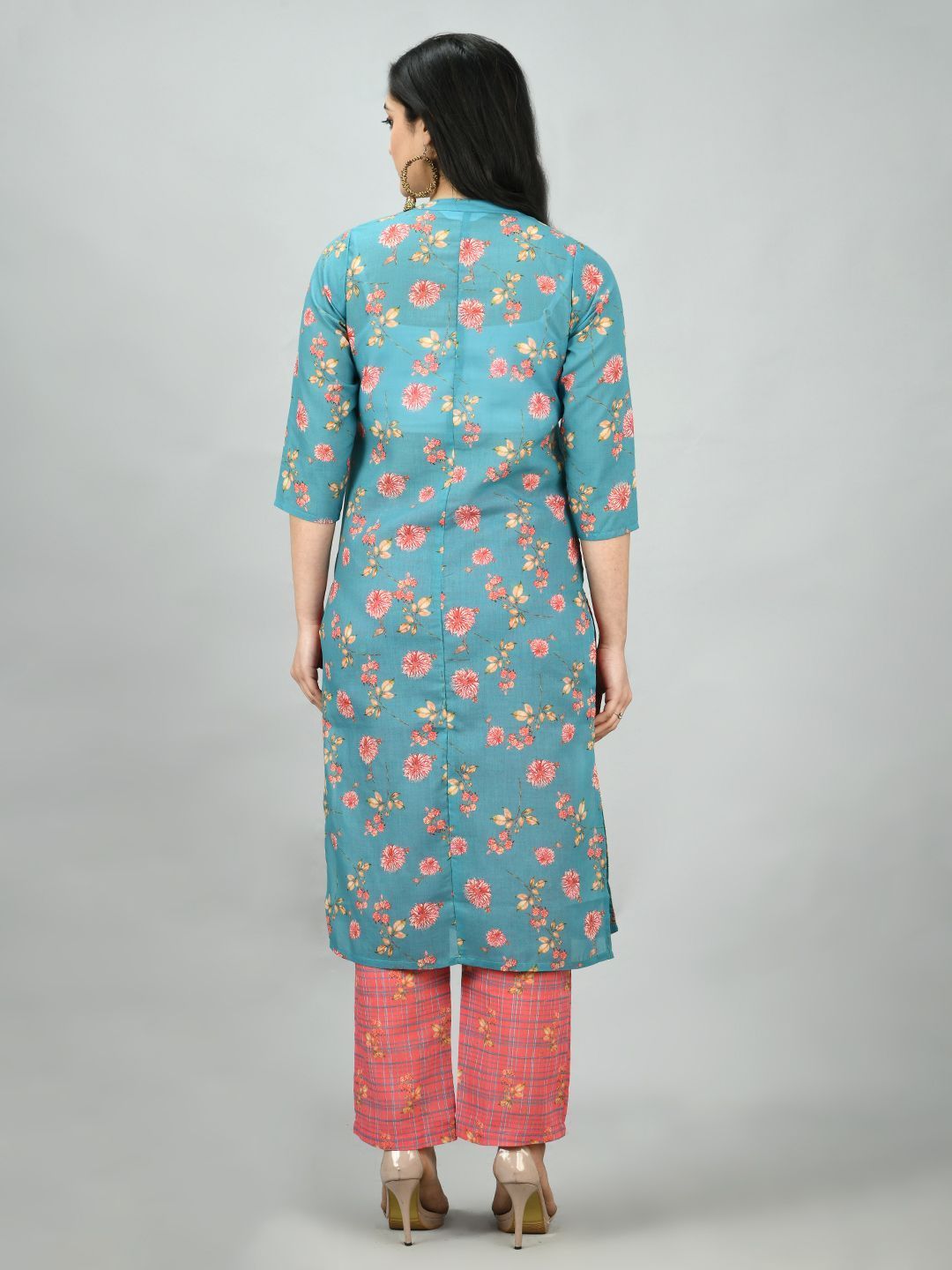 Women's Multi Poly Cotton Printed 3/4 Sleeve Mandarin Neck Casual Kurta Pant Set