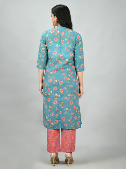 Women's Multi Poly Cotton Printed 3/4 Sleeve Mandarin Neck Casual Kurta Pant Set
